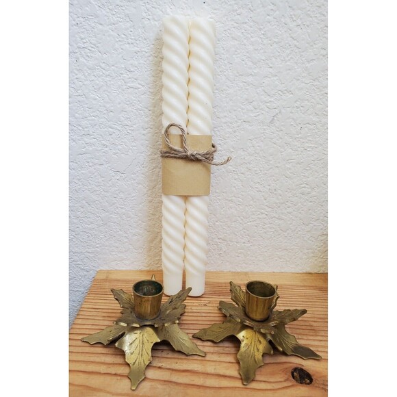 2x VTG Holly Leaf Candlestick Set Brass Candles Holders Taper Christmas Decor - Picture 2 of 6